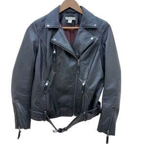 H&M Black‎ Faux Leather Moto Biker Jacket Womens 8 Zipper Bomber Grunge Vegan